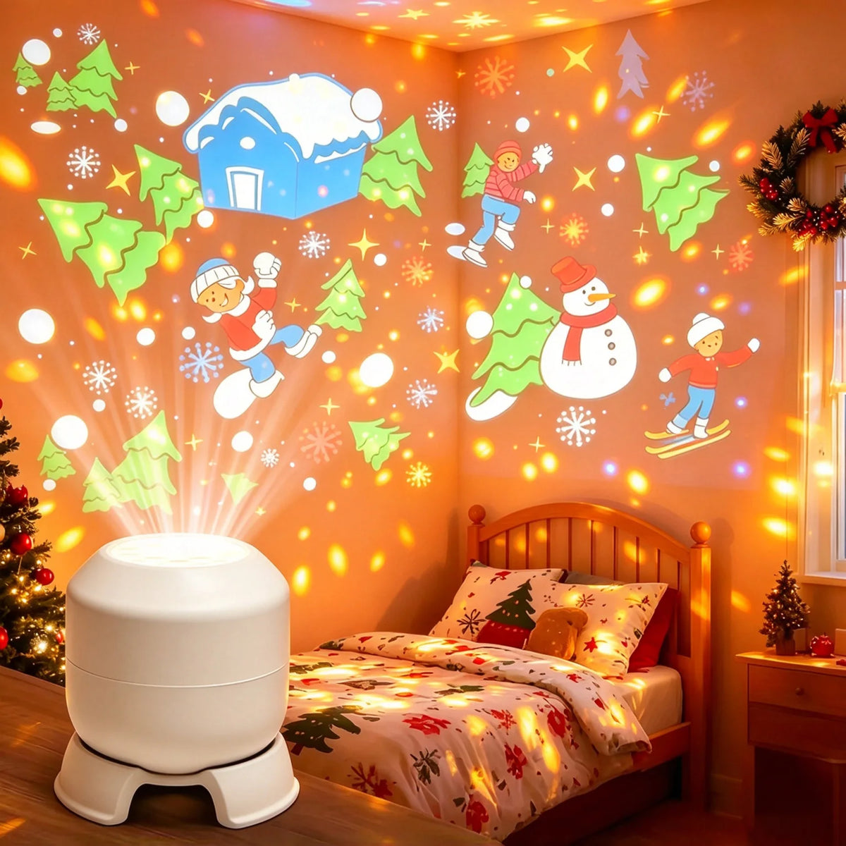 Świąteczny Projektor LED 360° – Obracająca się Lampa Projekcyjna USB do Dekoracji Ścian i Sufitów w Sypialni na Boże Narodzenie 🎄