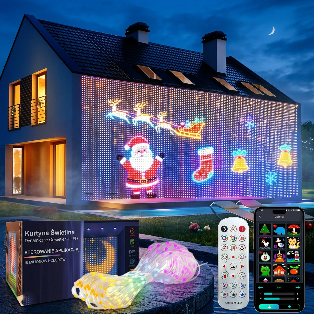Inteligentne Lampki LED PREMIUM w Formie Kurtyny 1/2 szt. – Sterowanie Aplikacją, Synchronizacja z Muzyką, Własne Wzory, Wodoodporne 🎄🎵