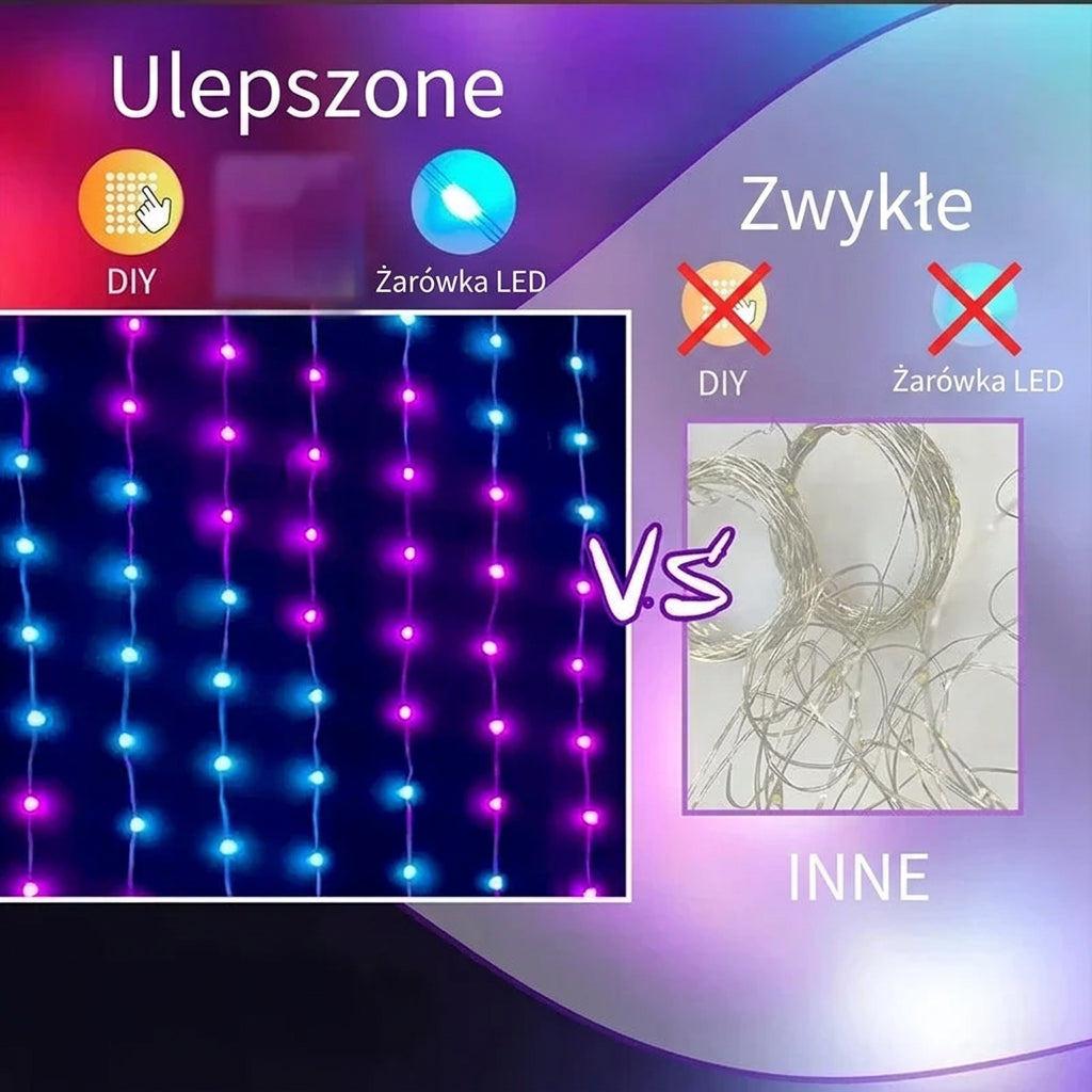 Inteligentne Lampki LED PREMIUM w Formie Kurtyny 1/2 szt. – Sterowanie Aplikacją, Synchronizacja z Muzyką, Własne Wzory, Wodoodporne 🎄🎵