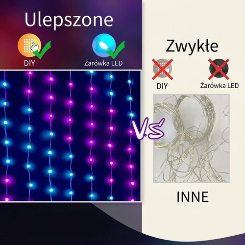 Inteligentne Lampki LED PREMIUM w Formie Kurtyny 1/2 szt. – Sterowanie Aplikacją, Synchronizacja z Muzyką, Własne Wzory, Wodoodporne 🎄🎵