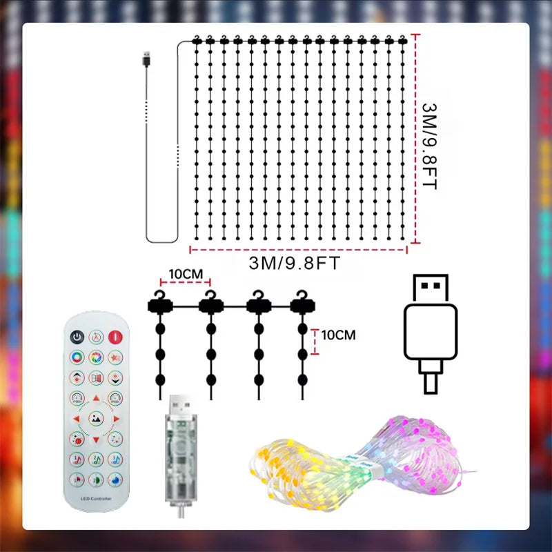 Inteligentne Lampki LED PREMIUM w Formie Kurtyny 1/2 szt. – Sterowanie Aplikacją, Synchronizacja z Muzyką, Własne Wzory, Wodoodporne 🎄🎵
