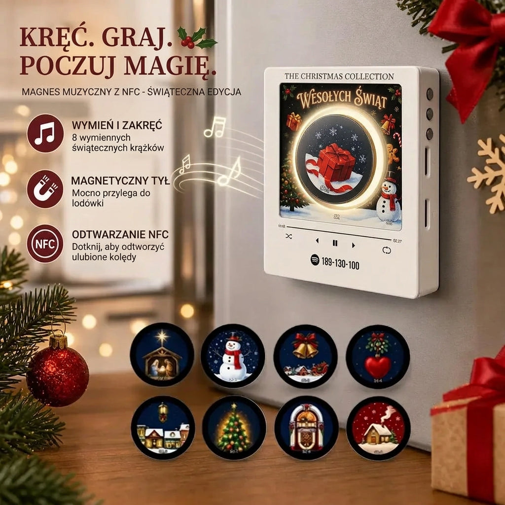 Magnetyczna Pozytywka Świąteczna na Lodówkę – Lampka Nocna z Akrylowym Odtwarzaczem Muzyki i 9 Wymiennymi Płytami 🎄🎵