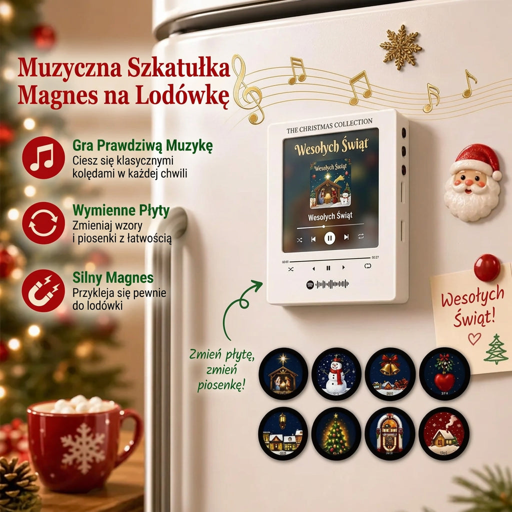 Magnetyczna Pozytywka Świąteczna na Lodówkę – Lampka Nocna z Akrylowym Odtwarzaczem Muzyki i 9 Wymiennymi Płytami 🎄🎵