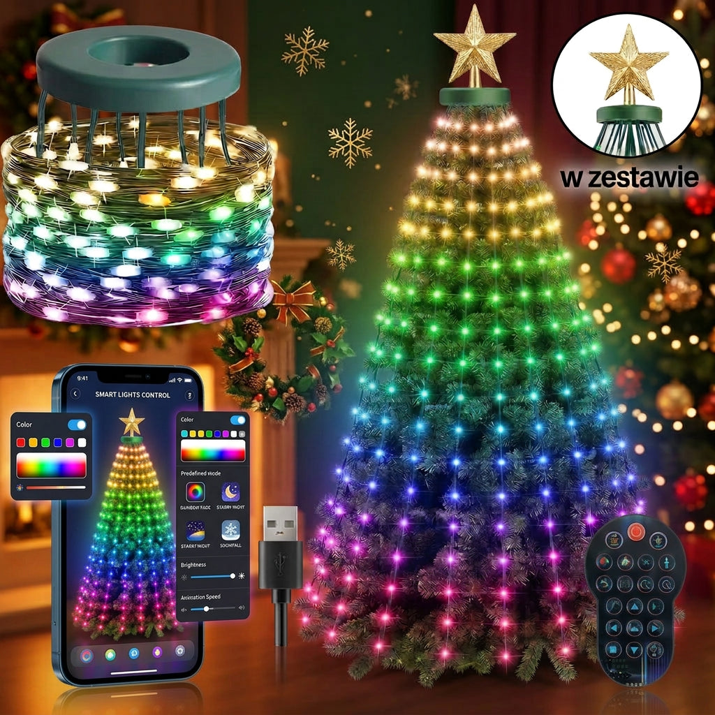 Inteligentne Lampki Choinkowe RGB Bluetooth – Programowalne Światła LED na Choinkę, Dekoracja Świąteczna i Domowa 🎄🌈