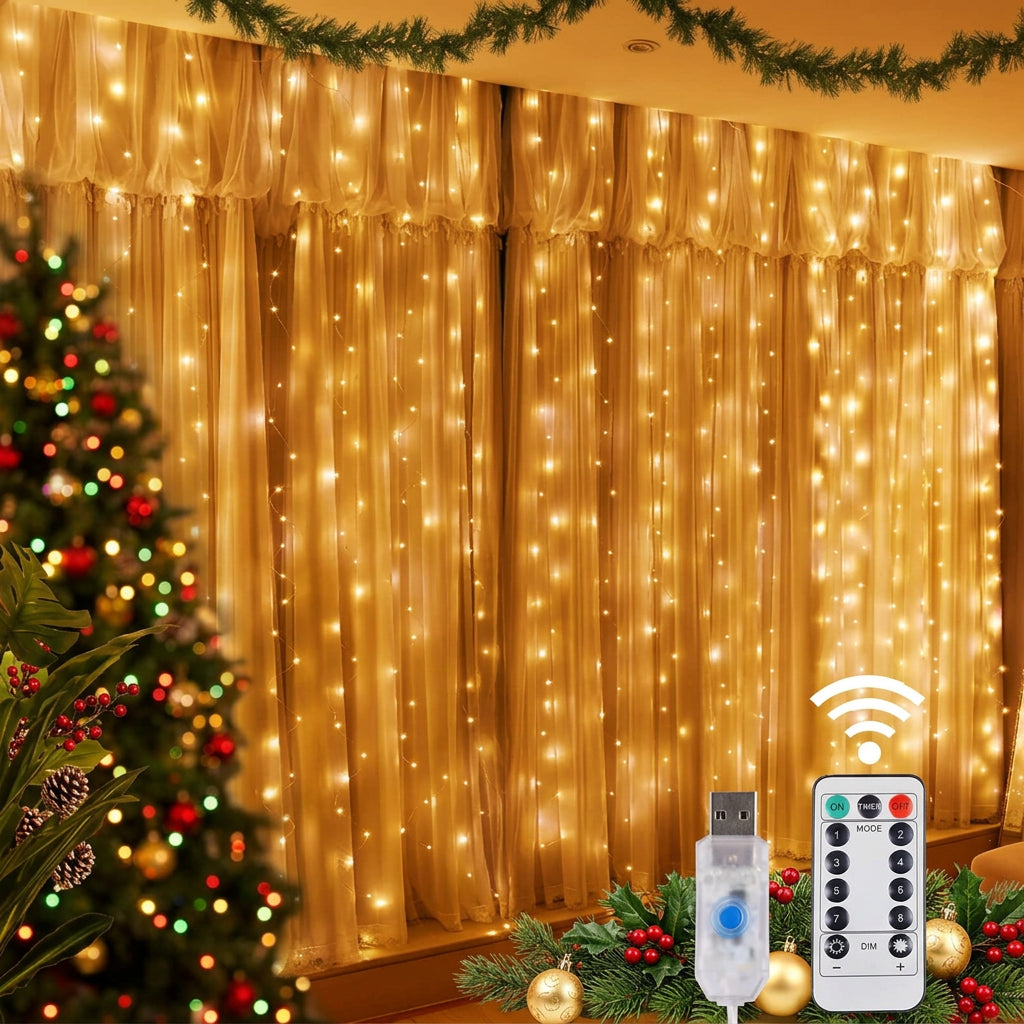 Świąteczne Światła LED w Formie Kurtyny – 8 Trybów Świecenia, Pilot i Zasilanie USB, Dekoracja na Boże Narodzenie i Nowy Rok 🎄✨