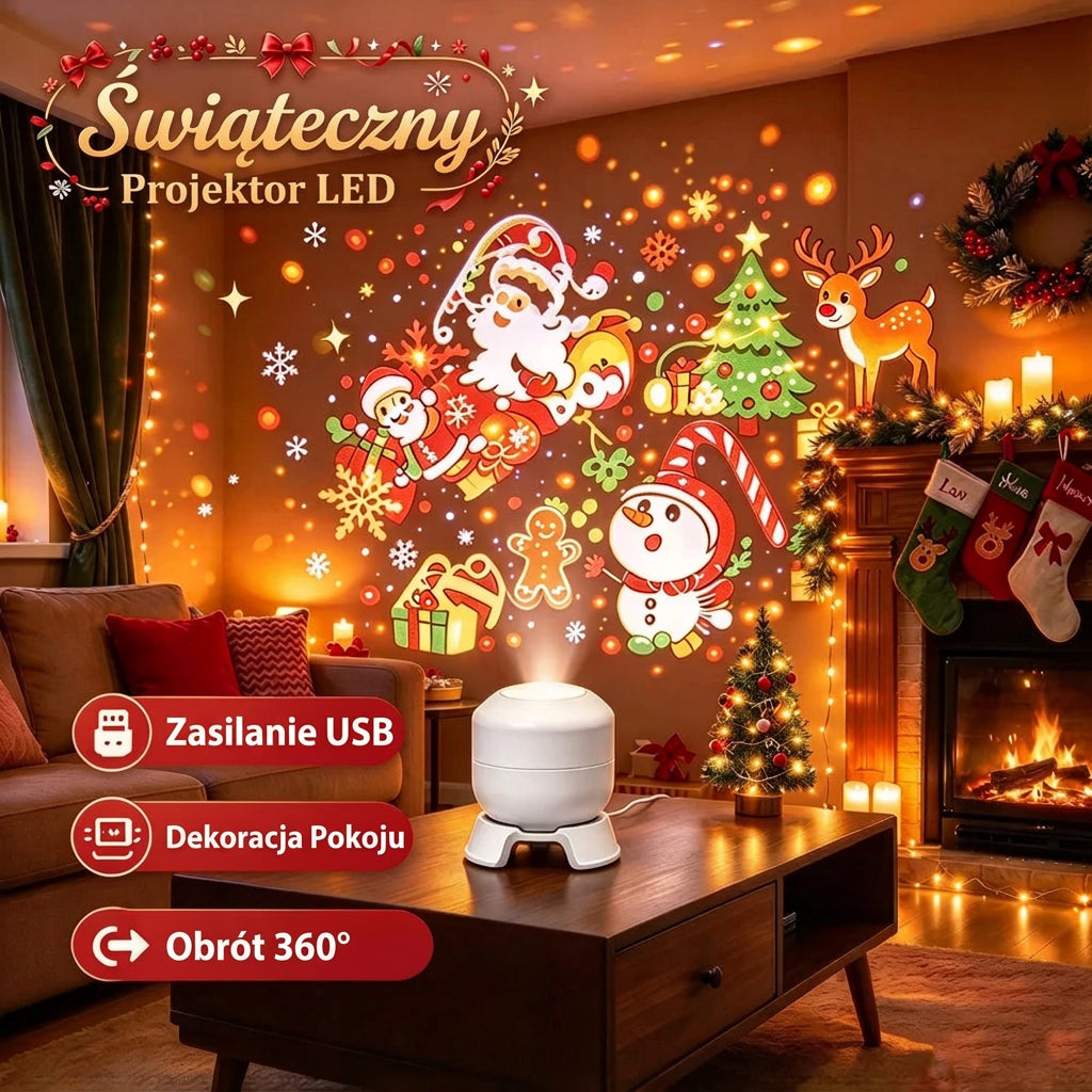 Świąteczny Projektor LED 360° – Obracająca się Lampa Projekcyjna USB do Dekoracji Ścian i Sufitów w Sypialni na Boże Narodzenie 🎄