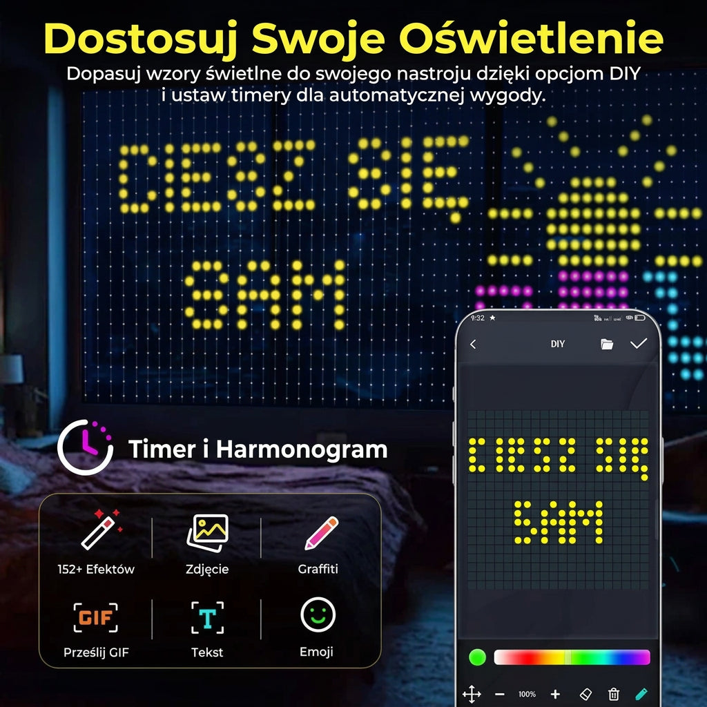 Inteligentne Lampki LED PREMIUM w Formie Kurtyny 1/2 szt. – Sterowanie Aplikacją, Synchronizacja z Muzyką, Własne Wzory, Wodoodporne 🎄🎵