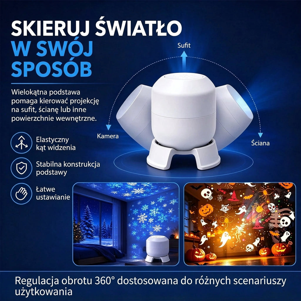 Świąteczny Projektor LED 360° – Obracająca się Lampa Projekcyjna USB do Dekoracji Ścian i Sufitów w Sypialni na Boże Narodzenie 🎄
