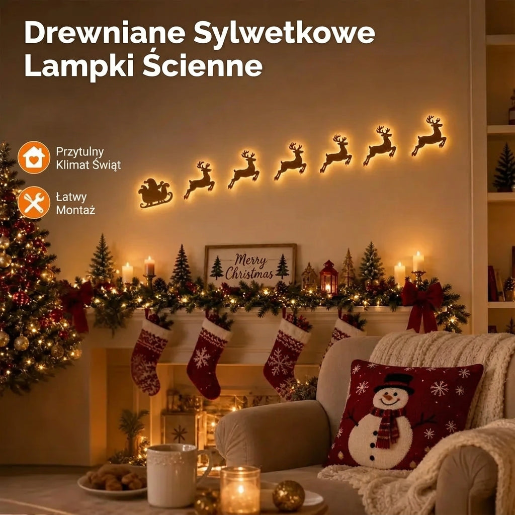 Świecące Renifery LED – Świąteczna Dekoracja Ścienna z Drewna, Naklejki Świecące na Ścianie do Wnętrz i na Zewnątrz 🦌✨